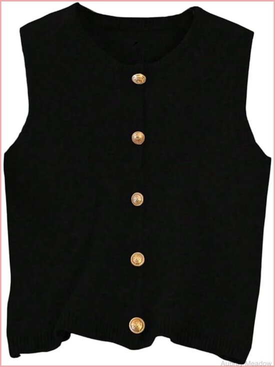 Sweaters - Button Down Sweater Vest Sleeveless Crewneck Knitwear